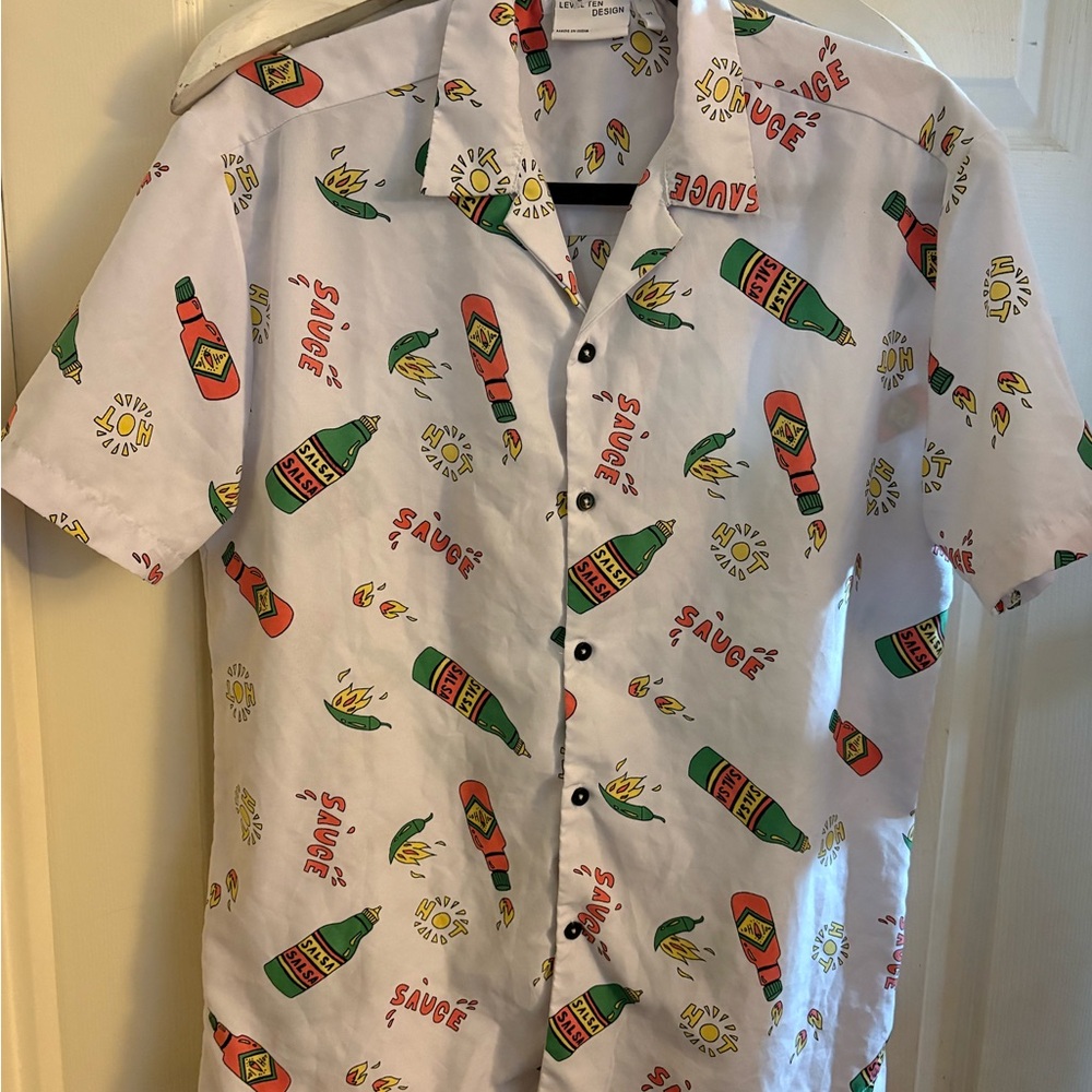 Level Ten Design Shirt Mens Large White Salsa Hot Sauce Print Short Sleeve Fun